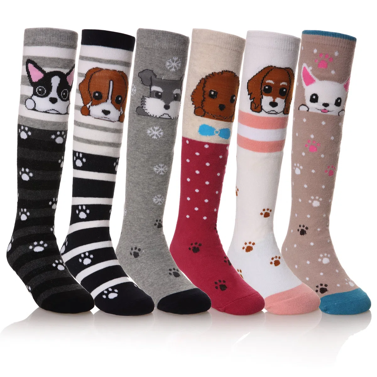 FNOVCO Calcetines largos de algodón hasta la rodilla para niñas, regalo divertido y divertido con bonitos patrones de animales, 6 pares