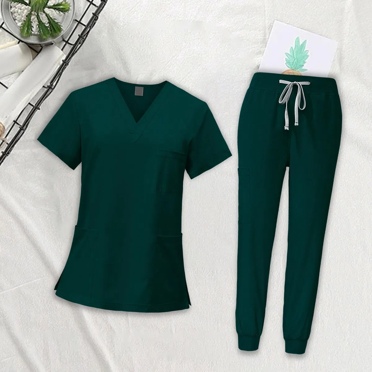 LRXFPIYF Enfermera Conjunto Uniforme Mujer Ropa Sanitaria Pantalón Blusa Accesorios Suave Poliéster Fácil de Lavar Adecuado para Cuidado Personal Centros Médic, Verde oscuro, s