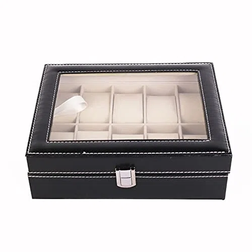 10 rejillas caja de reloj de cuero PU relojes vitrina joyería titular organizador de almacenamiento con cerradura