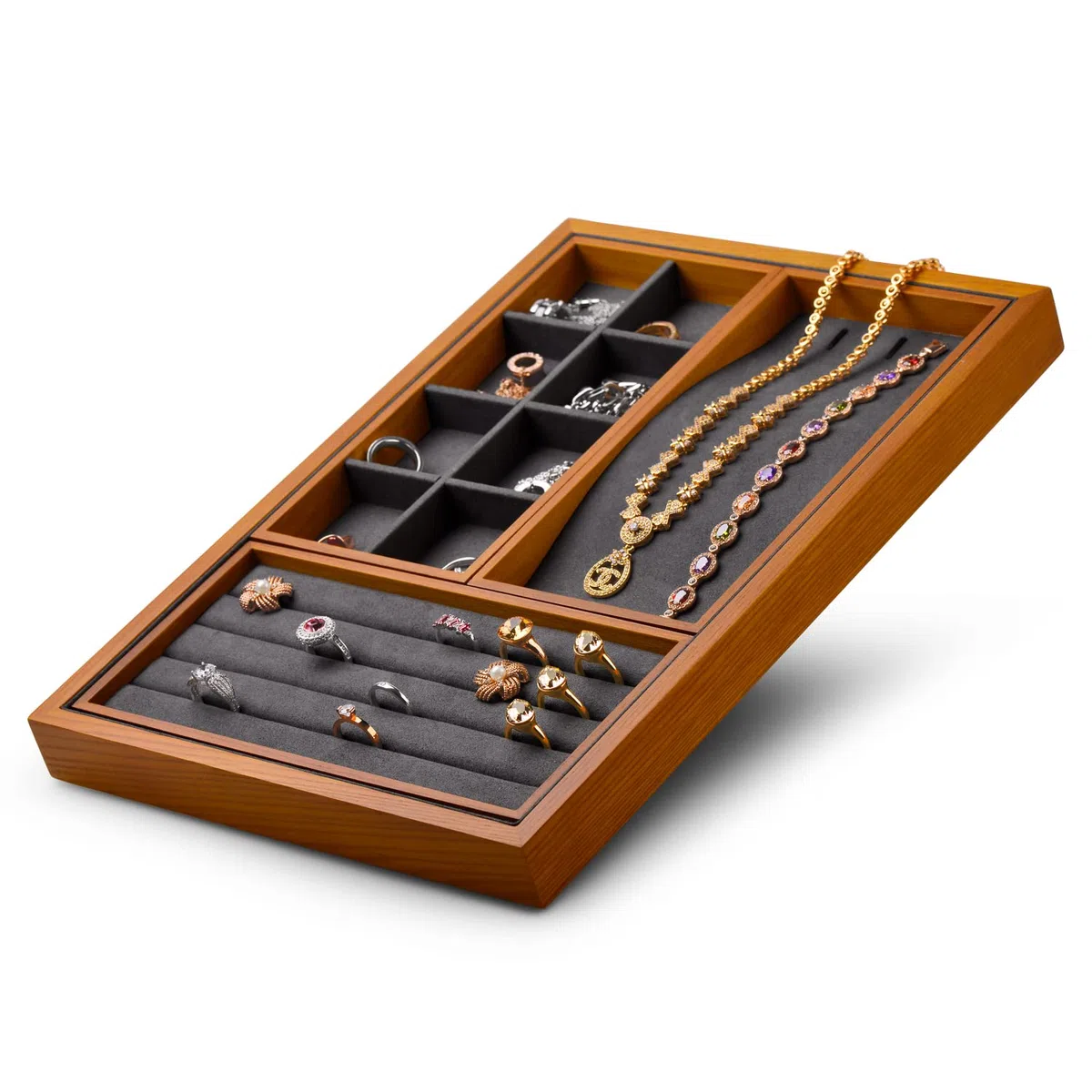 Oirlv Bandeja Apilable 4 En1 De Madera,Para Joyas, | Anillos, Pendientes,Pulseras,Collares Organizadores(Gris)