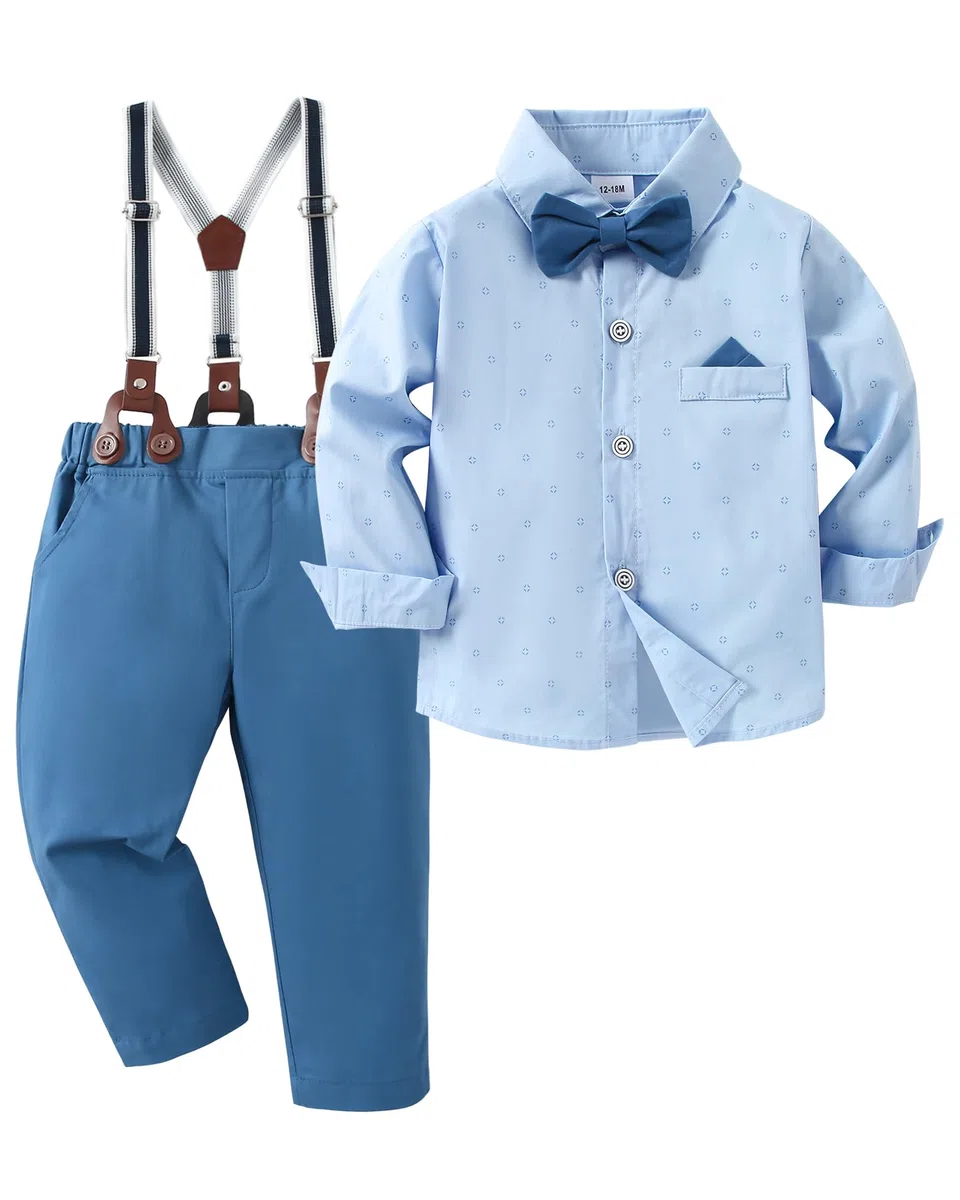CARETOO Ropa para niños pequeños, trajes de boda para caballeros, trajes formales para niños, camisa de vestir con corbatín, pantalones largos, overoles 1-5T