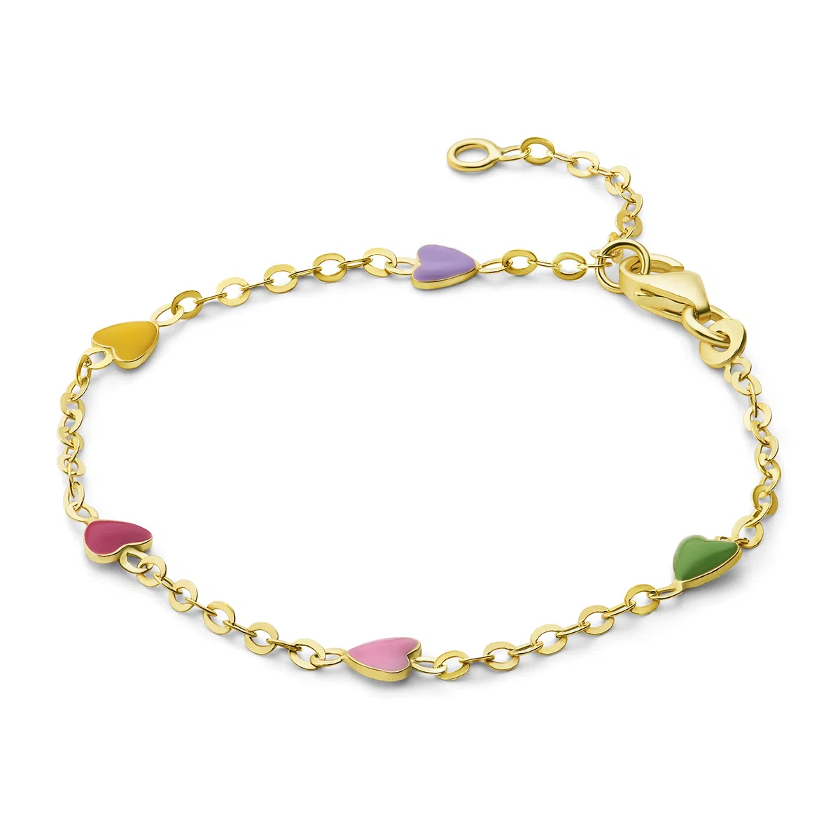 MIORE Kids, pulsera infantil con 5 corazones de esmalte de diferente color, en oro amarillo 375, longitud 14 cm (12 cm + 2 cm de extensión)