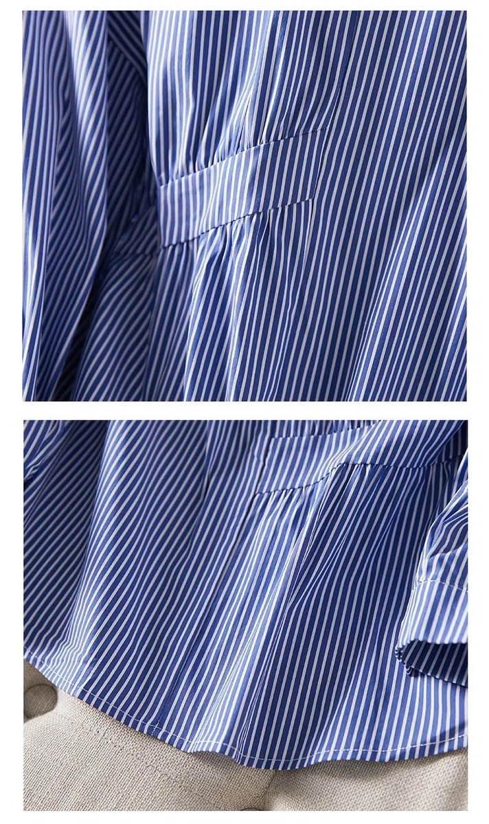 Camisas De Rayas De Manga Larga De Algodón para Mujer, Blusa Tipo Túnica De Gran Tamaño Azul con Solapa Y Botones, Dobladillo Irregular, Informal, Holgada, para Uso Diario Y De Verano.