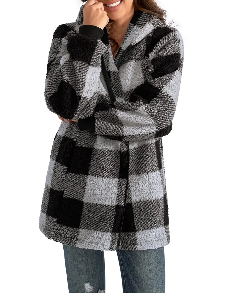 ABINGOO Sudadera con Capucha Mujer Polar Invierno Chaqueta con Bolsillos | Oversize Hoodies Cálida Cremallera Jersey Cálido Abrigos a Cuadros Sueltos
