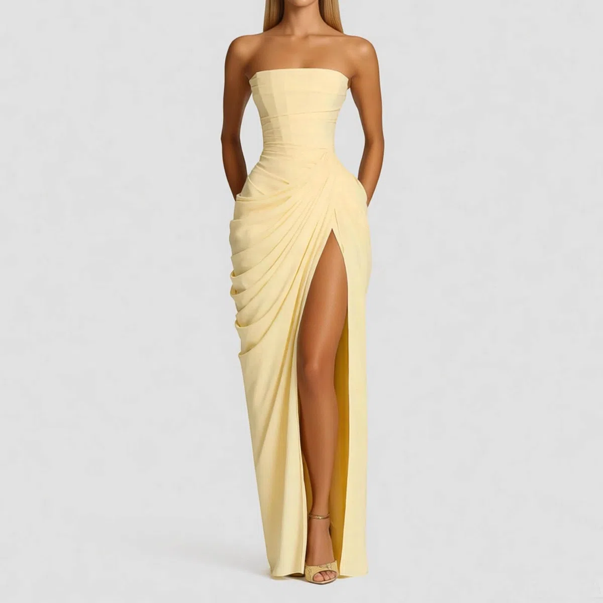 Elegante Vestido de Noche para Ocasiones con Diseño de Hombros y Espalda Descubiertos y Abertura Alta