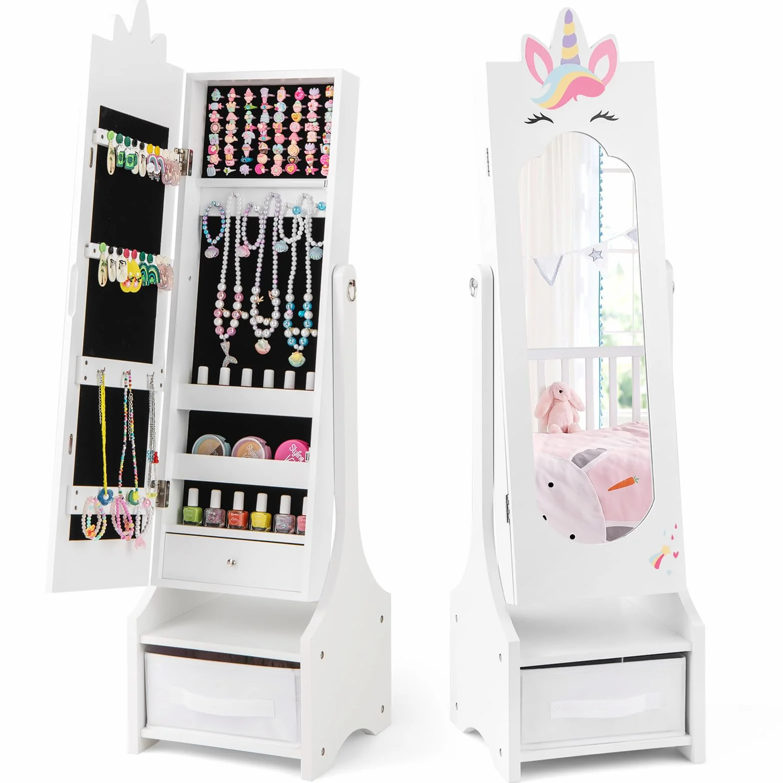 COSTWAY Armario de Joyería para Niñas, Espejo Joyero de Cuerpo Completo Independiente con Almacenamiento, Armario para Joyas Infantil con Ganchos, Estantes y Cajones (Blanco)