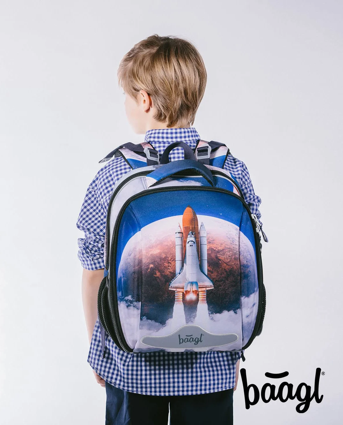 Baagl Shelly - Juego de 3 mochilas escolares para niños a partir de 1ª clase, mochila ergonómica para escuela primaria con correa para el pecho, Space Shuttle, Juego de mochila escolar