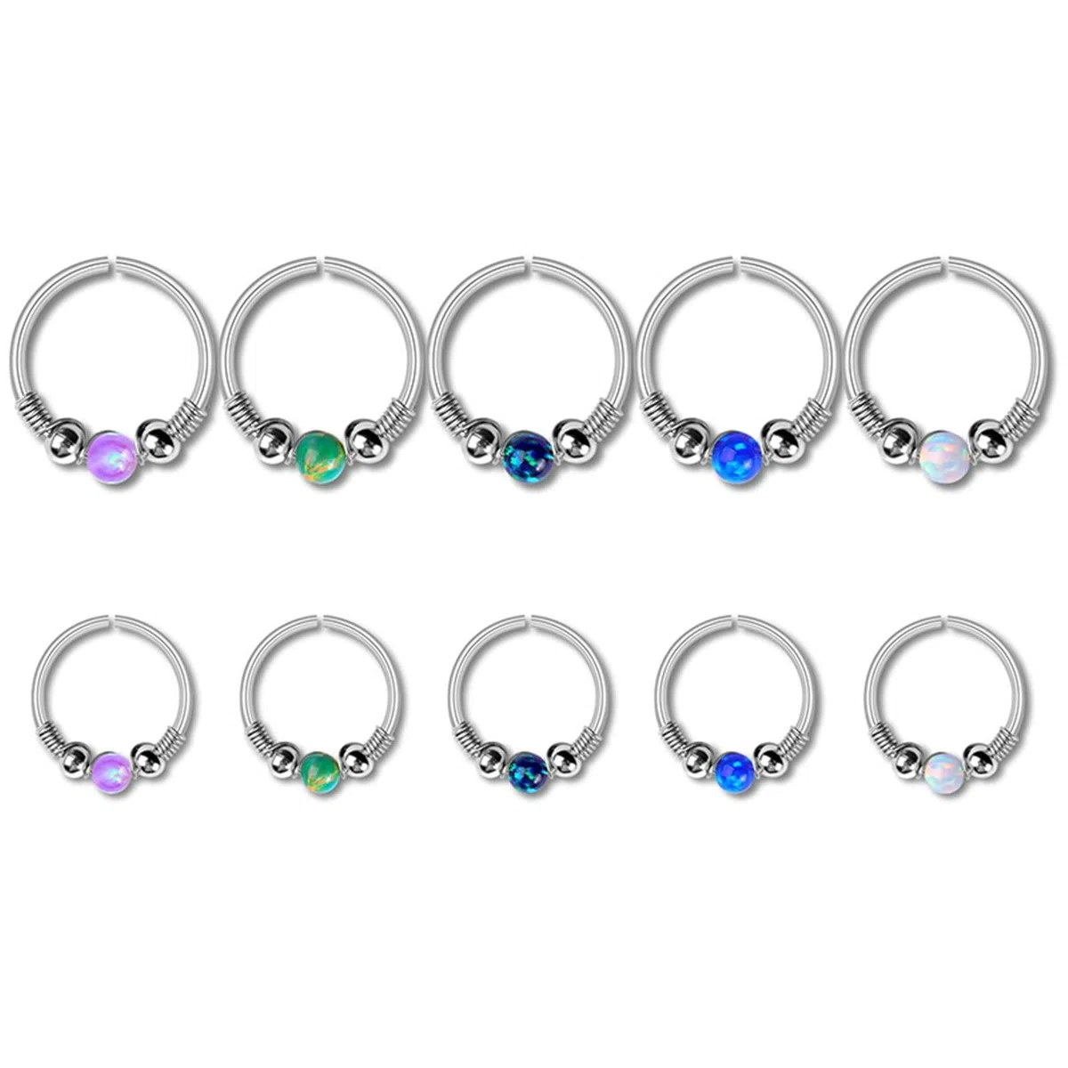 10 anillos de nariz para mujer y hombre, anillos de nariz de 20 g, aro de acero inoxidable con ópalo y cuentas de 8 mm, 10 mm, piercing de nariz