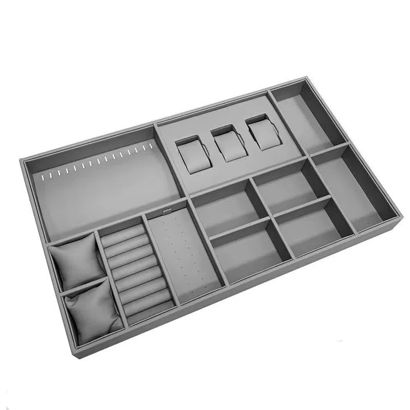 Organizador de joyas apilable para cajón, bandejas de almacenamiento de joyas grises, insertos de tocador para anillos, collares y accesorios (60 x 41 x 5,5 cm)