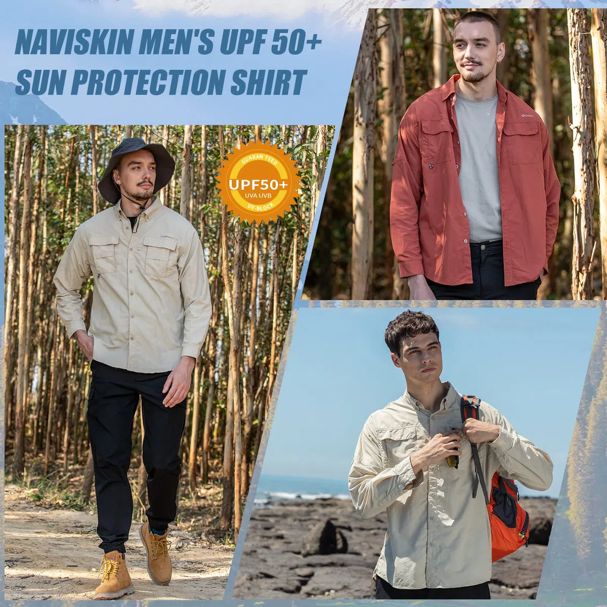 NAVISKIN Camisas de pesca con protección solar UPF 50+ para hombre, camisas de sol de manga larga para hombre, PFG senderismo, viajes, camping