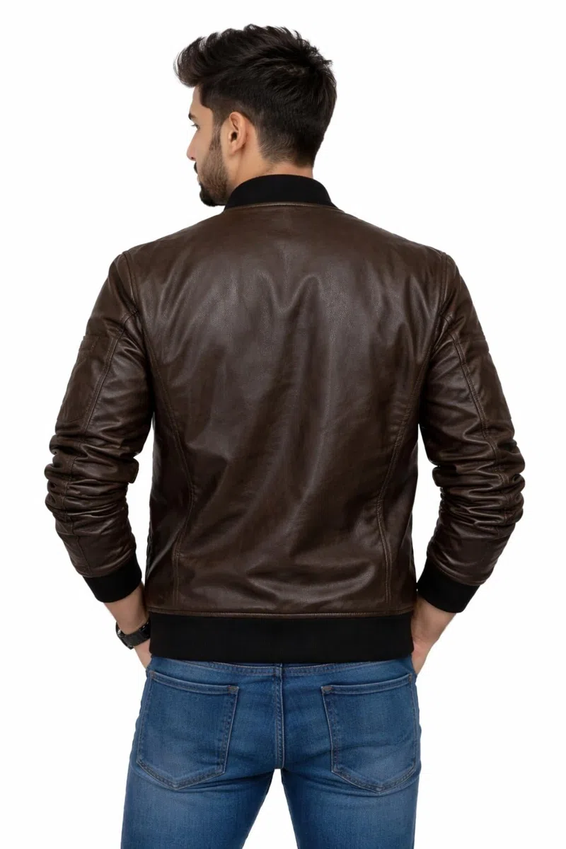 Chaqueta bomber de cuero marrón para hombre, chaqueta de cuero ajustada para hombre, chaqueta Cafe Racer para hombre