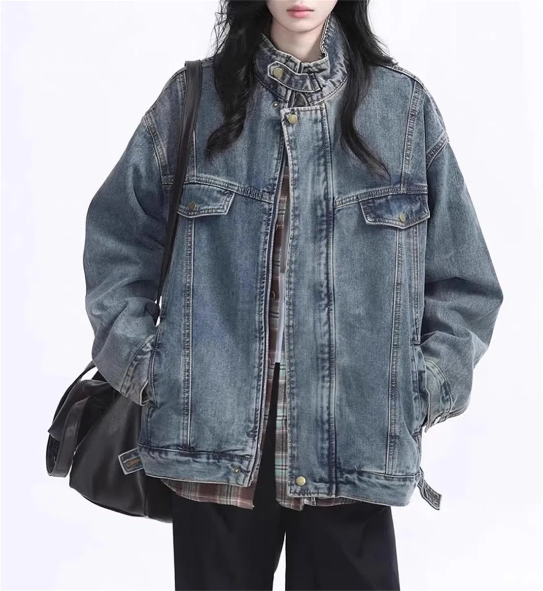 Chaqueta de mezclilla con cremallera para mujer, estilo vintage, estilo callejero, estilo camionero