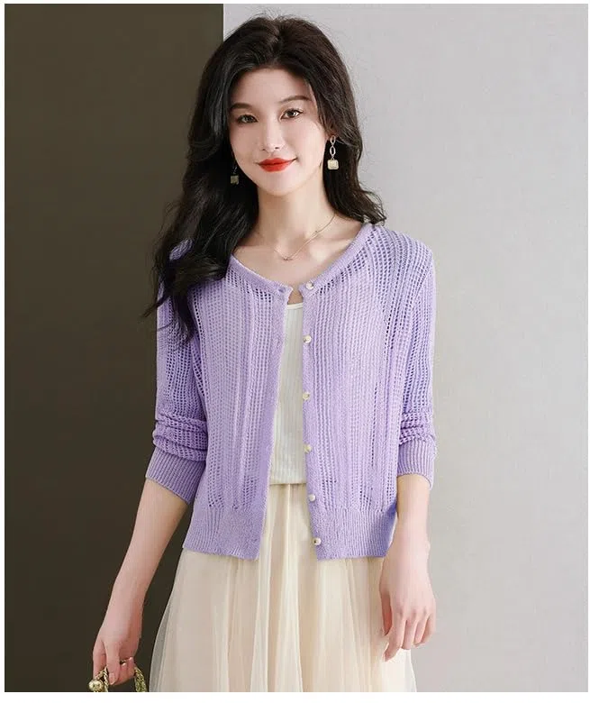 Cardigan Mujer, Cárdigan De Verano para Mujer, Cárdigan De Manga Larga, Blanco, Cuello Redondo, Botones, Crochet Hueco, Chaqueta De Punto Transparente, Abrigo De Primavera Informal, Cort