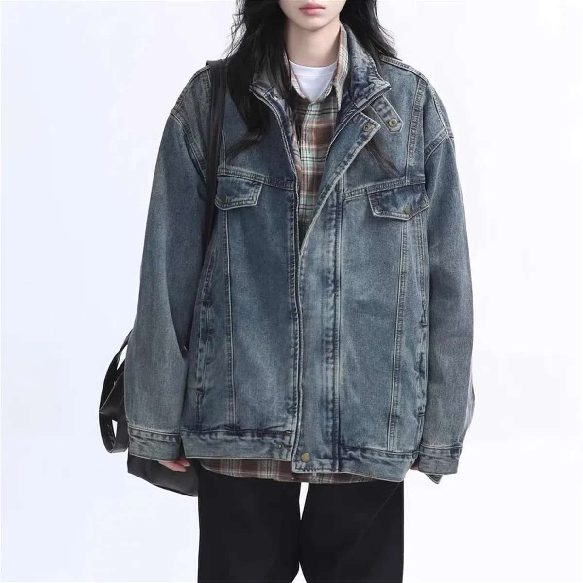 Chaqueta de mezclilla con cremallera para mujer, estilo vintage, estilo callejero, estilo camionero