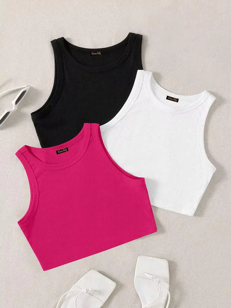 Paquete de 3 camisetas sin mangas acanaladas con cuello redondo para mujer