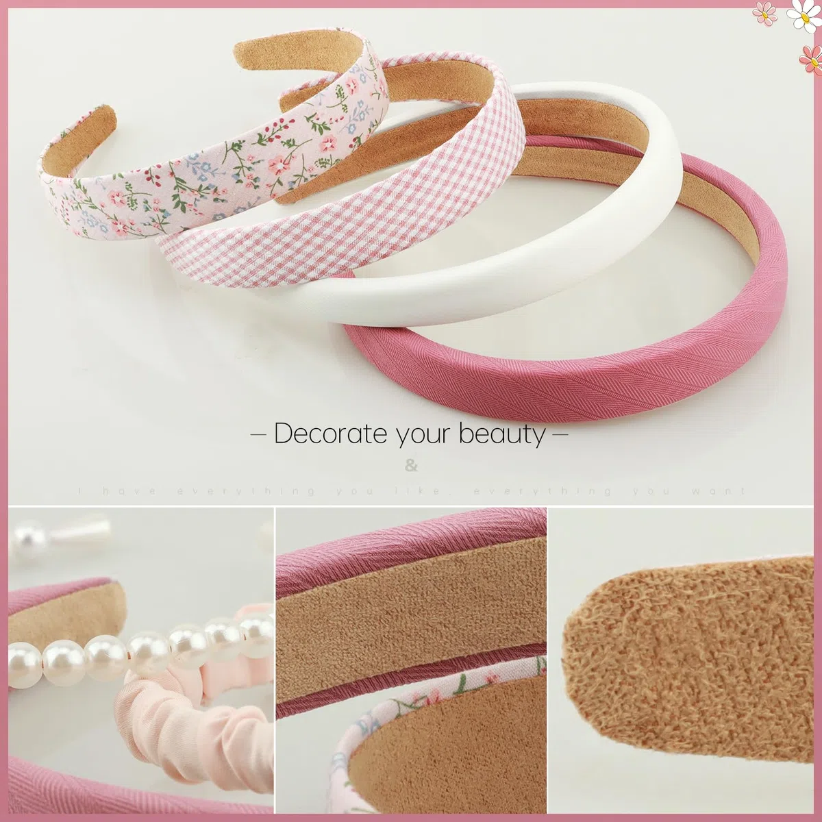 Diademas para mujeres y niñas, juego de 7 piezas, diademas acolchadas florales antideslizantes, bonita diadema de perlas para niñas, diadema ancha vintage