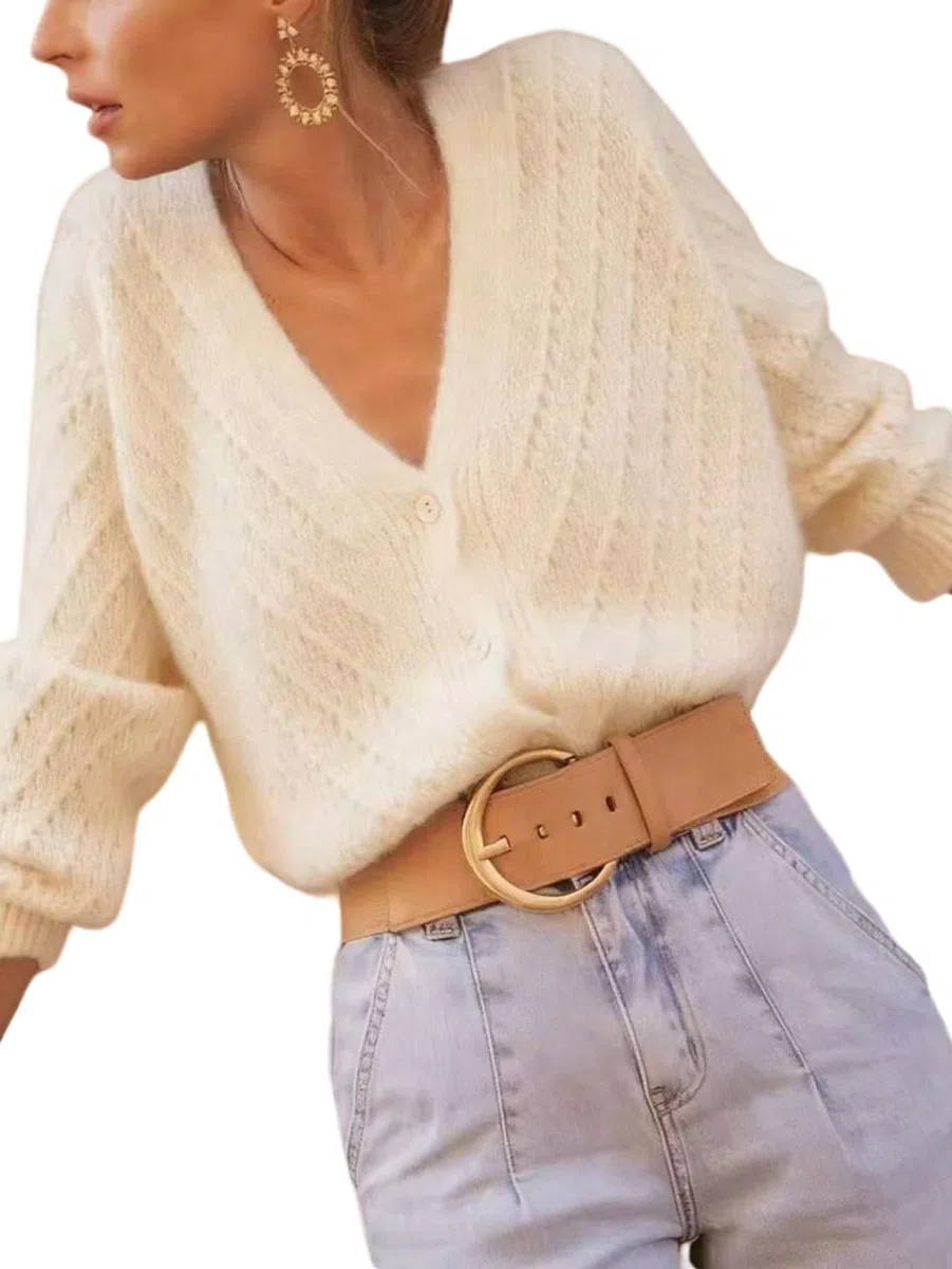 GORGLITTER Chaqueta de punto de manga larga para mujer, elegante, cuello en V, cárdigan para el tiempo libre, chaqueta suelta, ropa de otoño