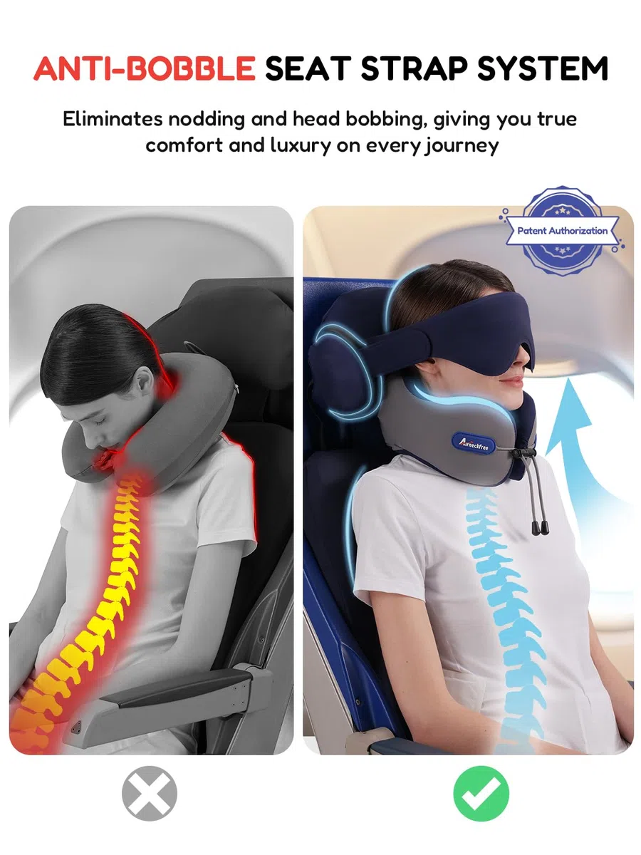 Almohada de Viaje para Cuello para Avión y Coche Neck Pillow | Con Correa de Asiento y Antifaz 3D, Soporte para Cabeza y Cuello, Espuma Viscoelástica Cómoda para Vuelos Largos, Azul Lago