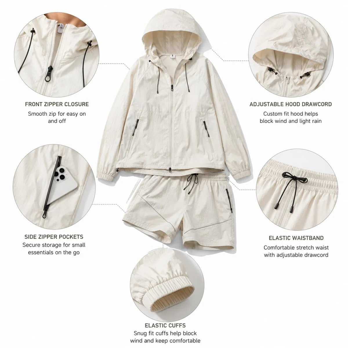 Conjunto de 2 piezas para mujer: chaqueta con capucha y pantalón. | Chaqueta ligera con protección solar UPF y cierre de cremallera completa, ideal para senderismo, caminatas