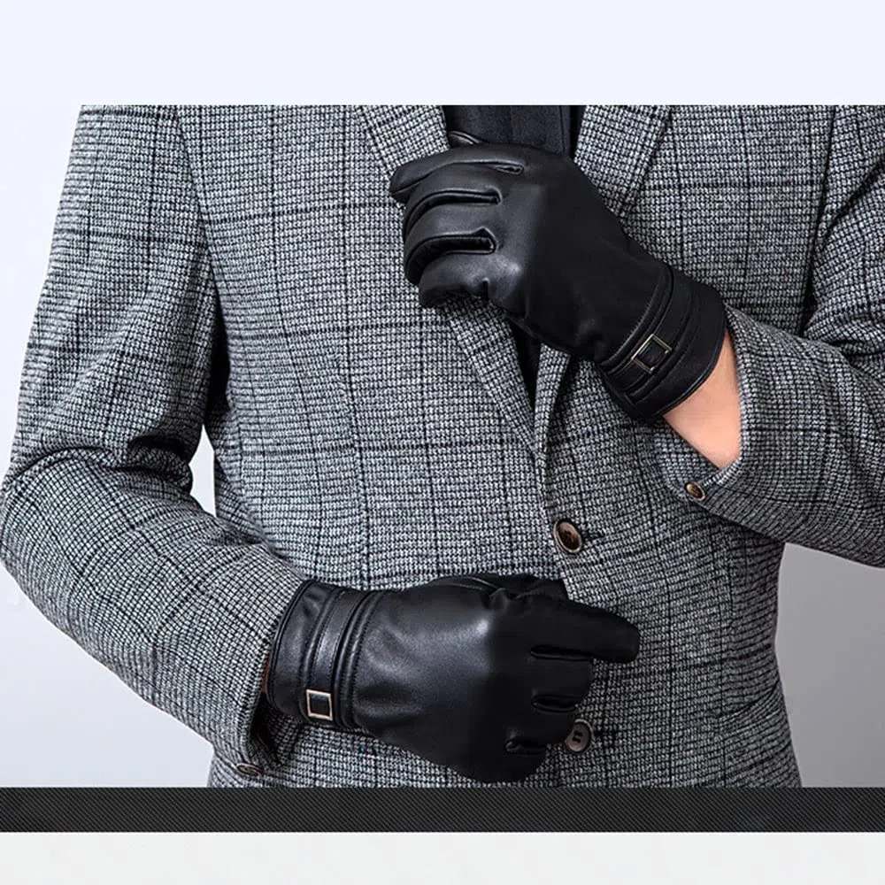 Gorro térmico Guantes de Cuero for Hombre Pantalla táctil Forro Polar Piel Oveja Negro ML XL