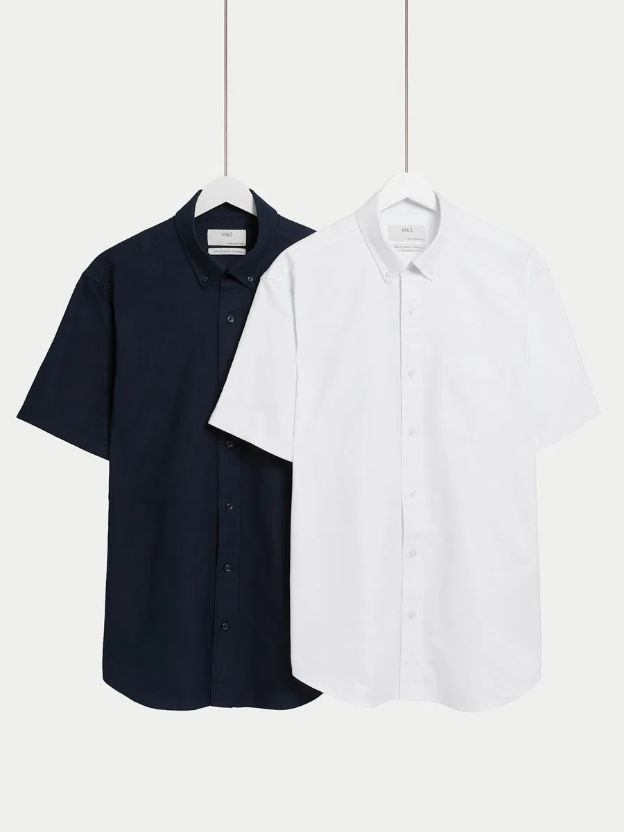 Marks & Spencer Camisas Oxford Ultimate de Manga Corta para Hombre Pack de 2, Ajuste Normal