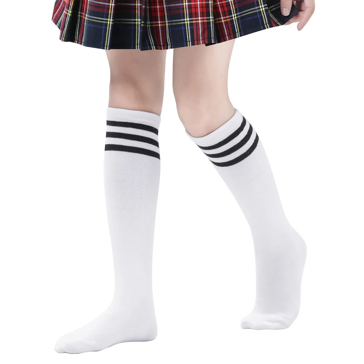 American Trends Calcetines deportivos hasta la rodilla para niños, calcetines de fútbol a rayas, calcetines de tubo para niños y niñas, 1 paquete, blanco y negro