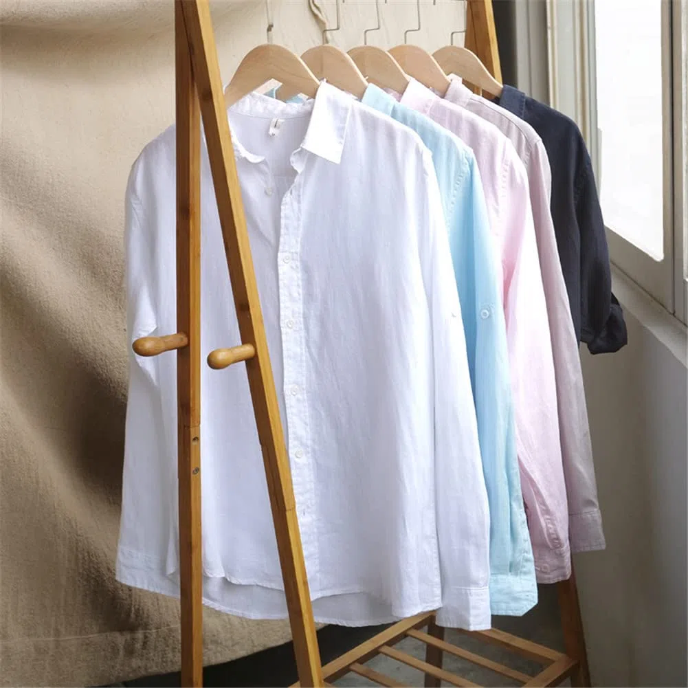 Vsadsau Camisa vintage de manga larga 100 % lino para hombre, estilo casual, L610 Blanco, XL
