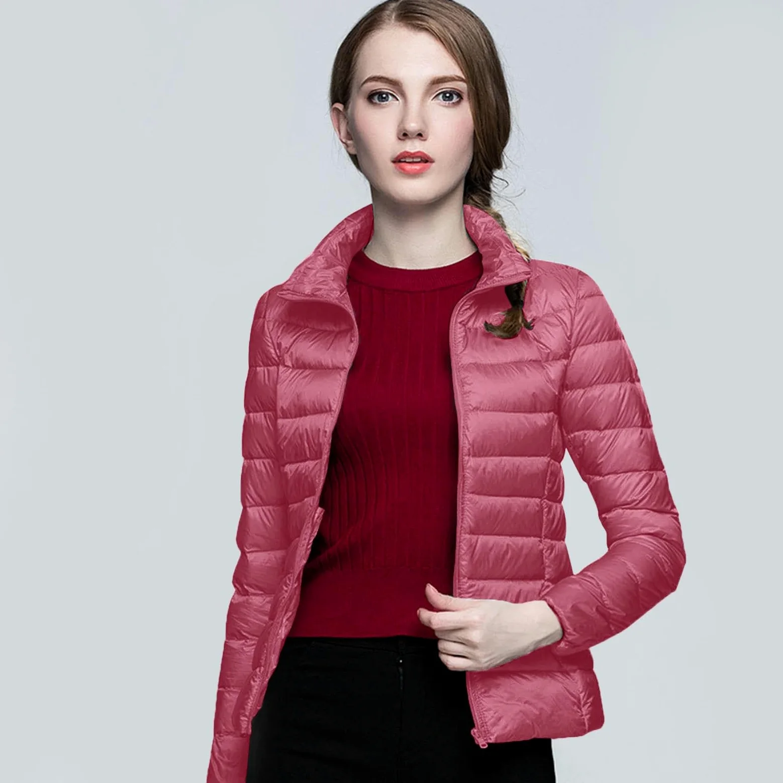 Chaqueta ligera y cálida para mujer, abrigo de invierno a prueba de sin capucha con aislamiento reciclado, abrigo de plumón de pato blanco cálido con capucha corta y delgada para invierno
