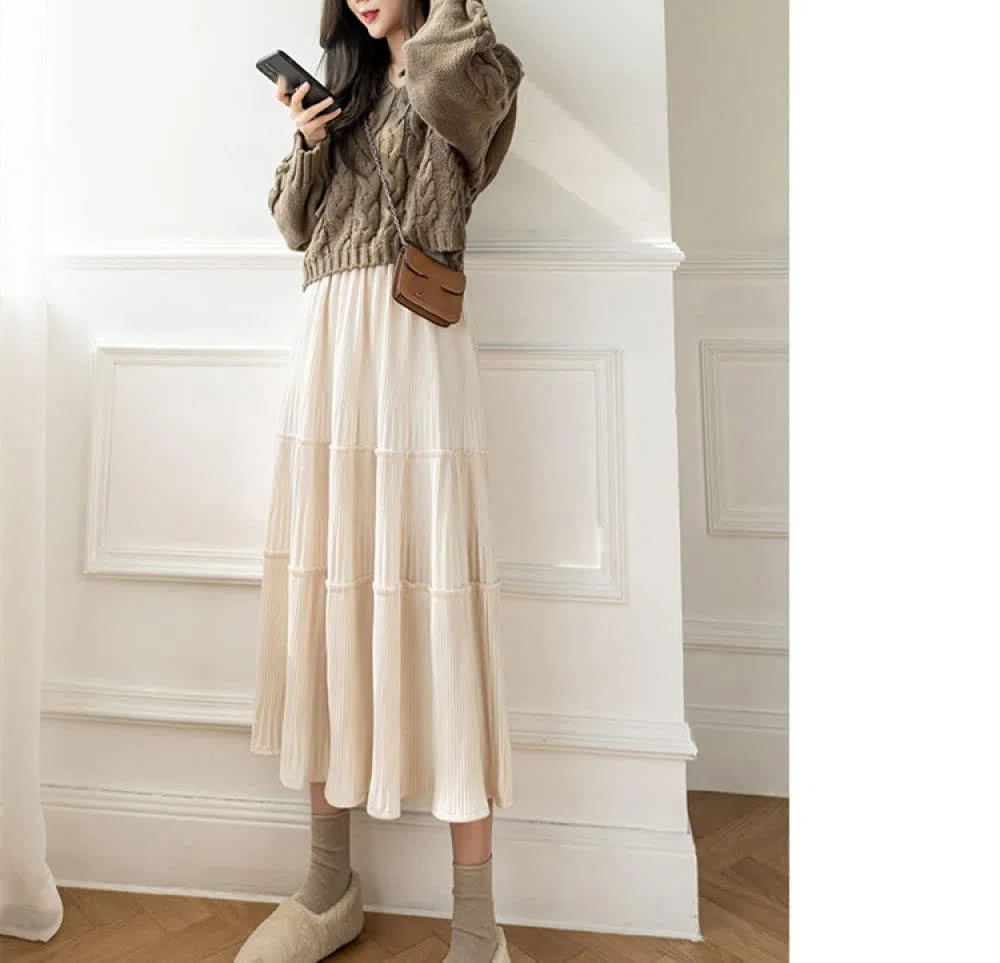 Faldas De Invierno para Mujer, Falda Fruncida De Albaricoque De Terciopelo Dorado Faldas Plisadas Elegantes para Mujer Cintura Elástica Falda Midi De Talle Alto(As Shown L)