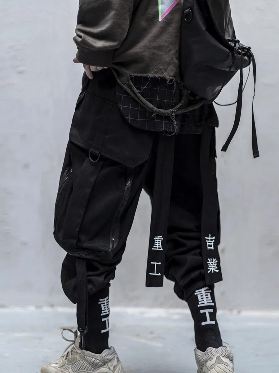 Yujun Japonés Streetwear Techwear Pantalones de Carga para Hombres Baggy Wide Black Jogger
