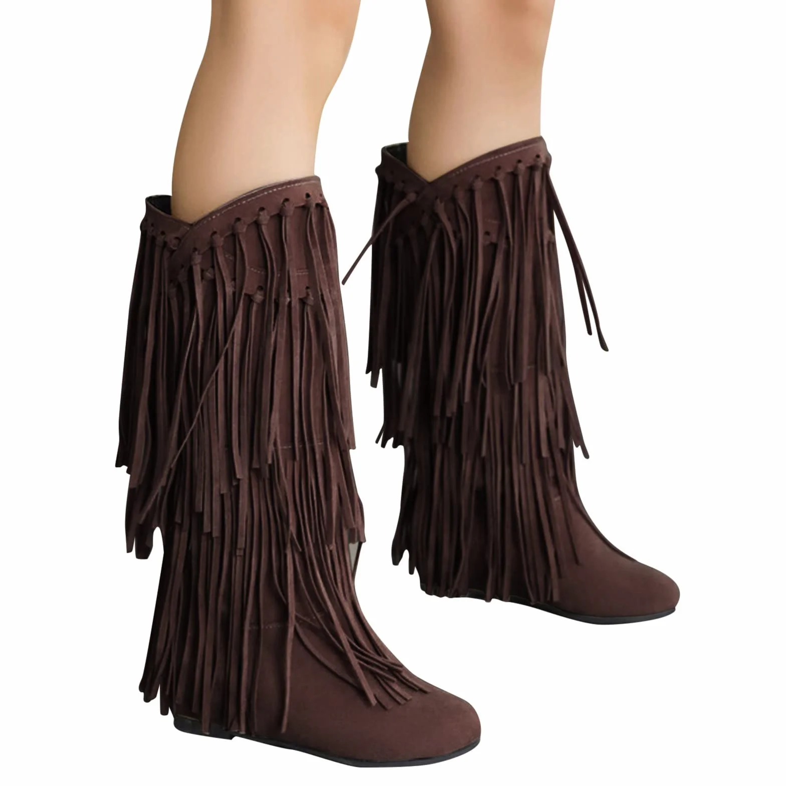 Botines Elegantes Botas De Vaquero Redondas Botas De Vaquero De Las Mujeres Con Flecos