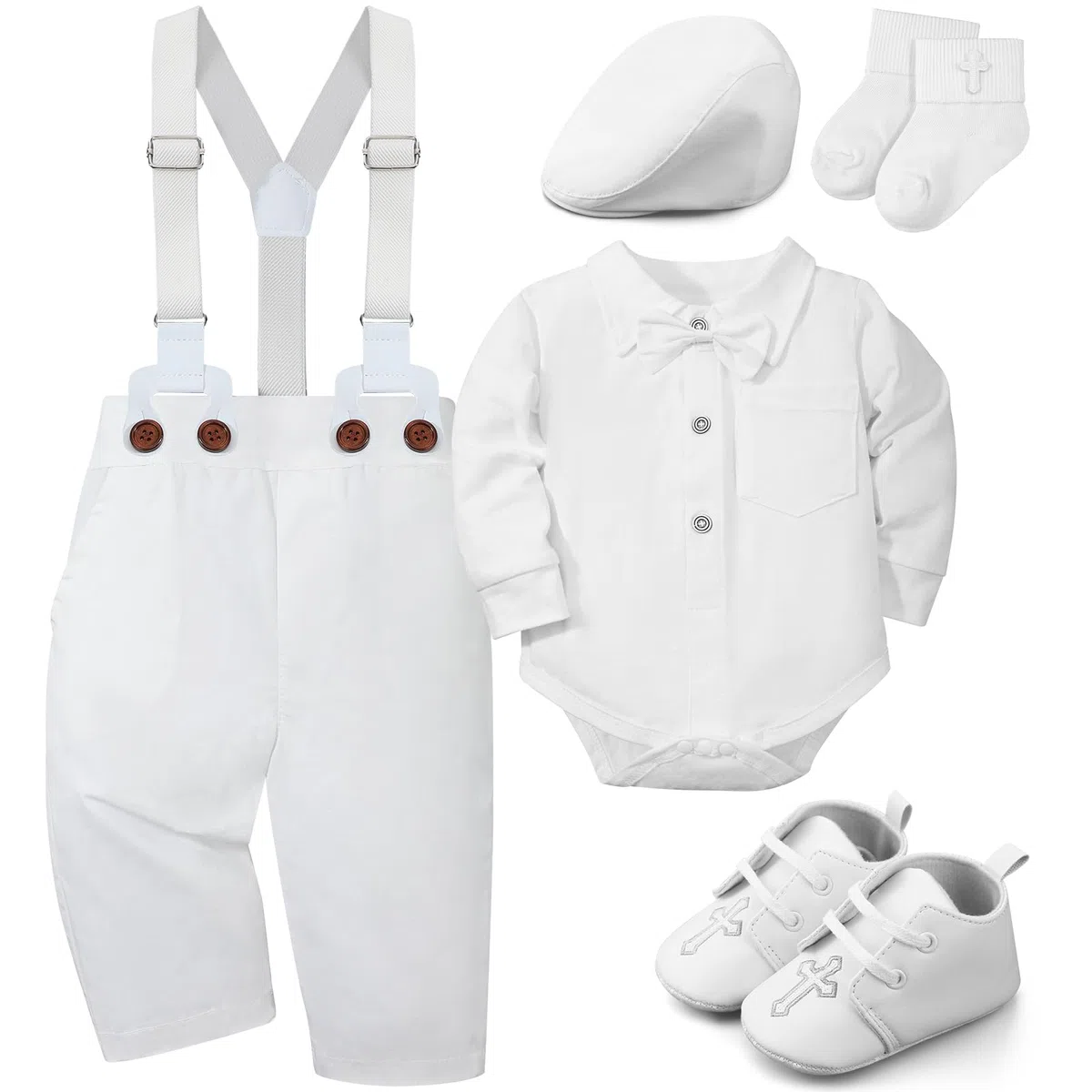 5 piezas de trajes de bautizo para bebé niño, incluye camisa, boina, sombrero, tirantes, pantalones, zapatos, calcetines, trajes de bautizo para niños