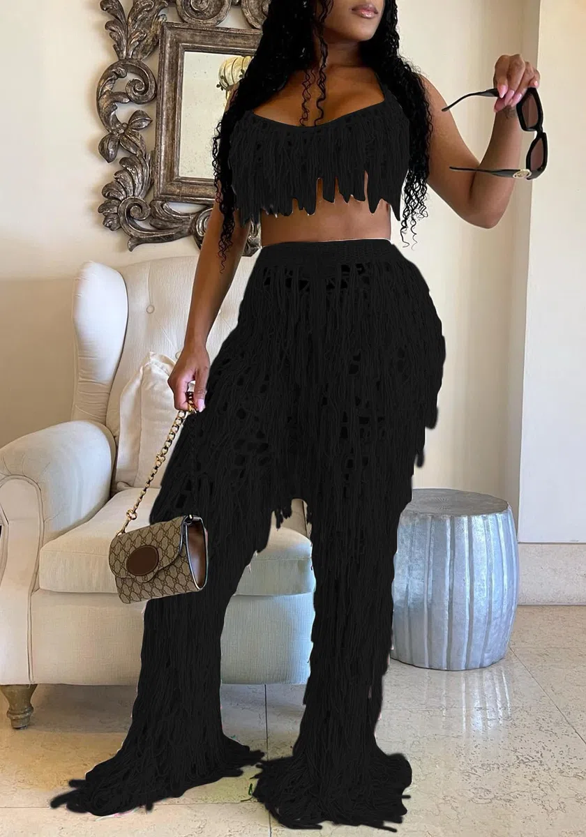 Tbahhir Conjunto de 2 piezas para mujer, sexy, de ganchillo, bikini, para playa, parte superior halter, pantalones con flecos