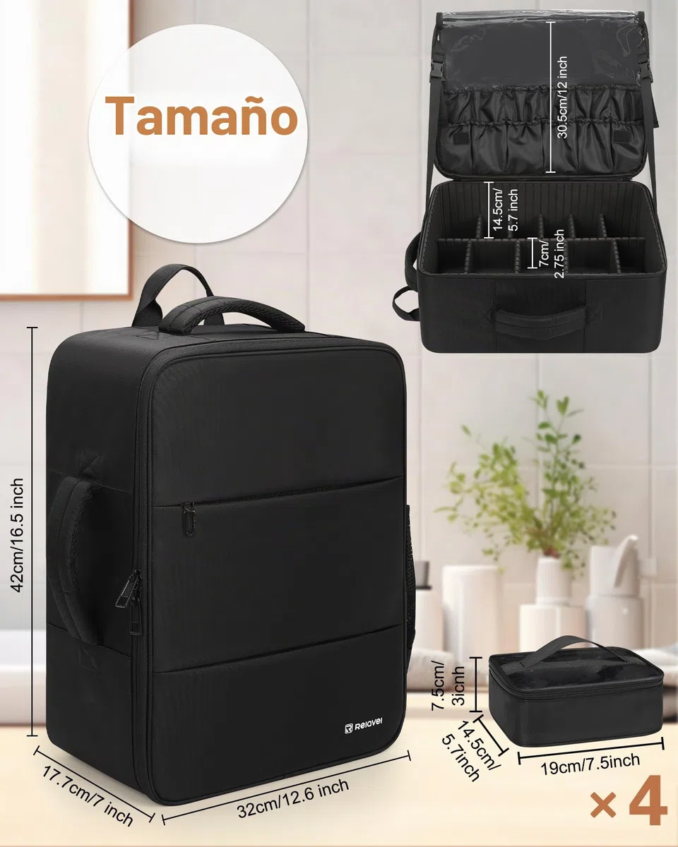 Relavel Mochila de maquillaje XL, estuche profesional de viaje para artistas de maquillaje, con 4 bolsillos transparentes, caja organizadora de pinceles con separadores para cosméticos, herramientas