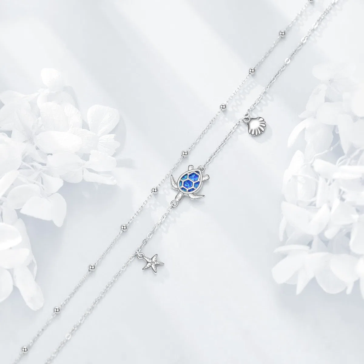 DAYLINLOVE Tobillera de tortuga de plata de ley 925 con estrella de mar, concha de mar, pulsera de tobillo ajustable para mujer, 9+2, Plata de ley, No es una piedra preciosa