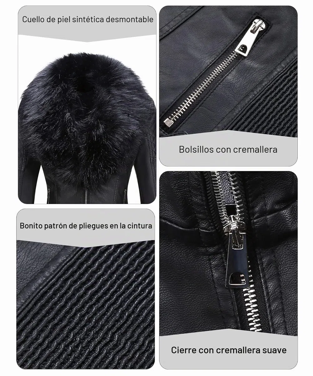 Giolshon Chaqueta de Cuero de Gamuza Sintética para Mujer, Abrigo Cálido de Motorista de Motocicleta de Invierno con Cuello de piel