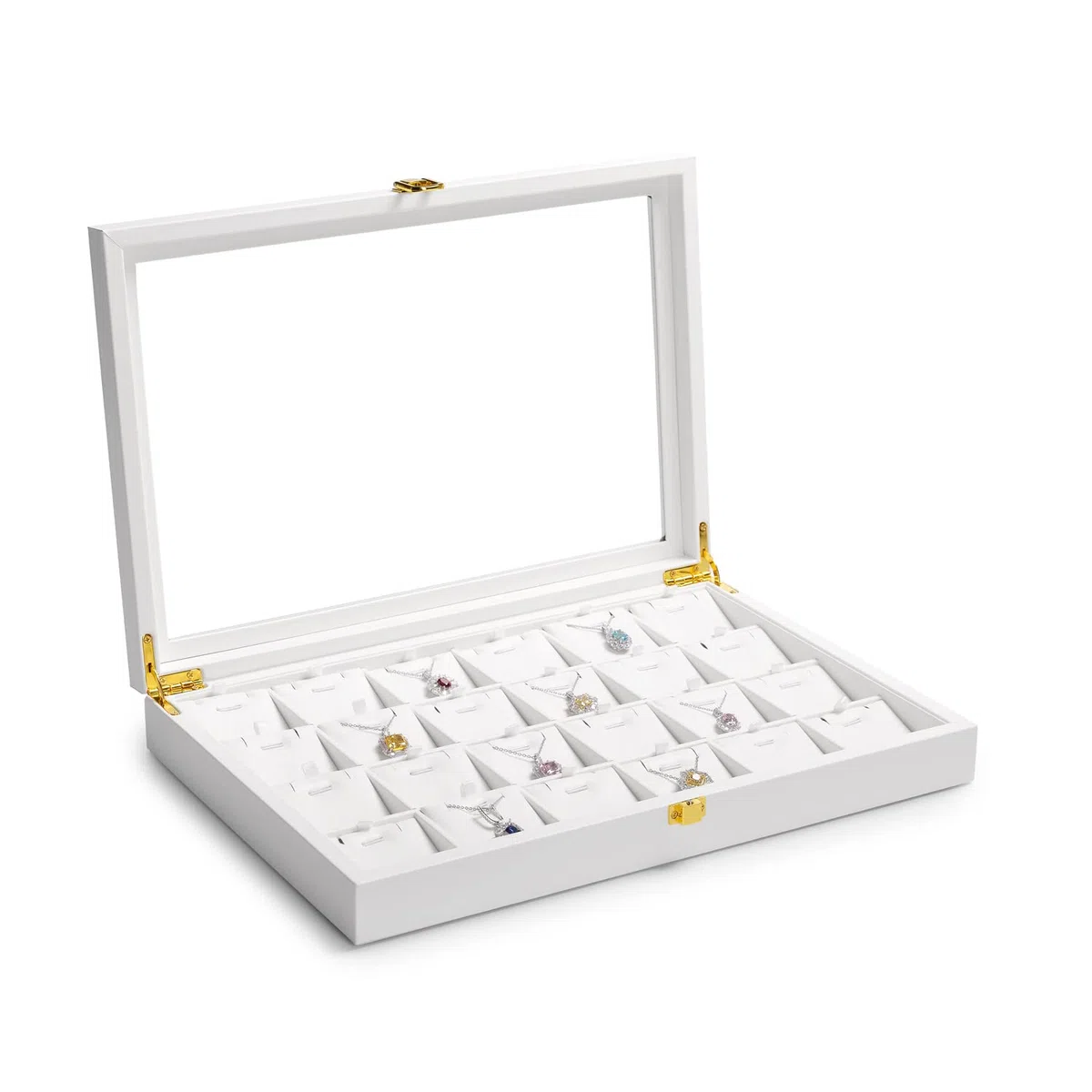Bandeja Para Collares con 24 Compartimentos Caja de Almacenamiento de Cuero con Tapa Transparente Joyero con Cerradura para Varios Collares y Colgantes Adecuado para Mujeres y Niñas Blanco