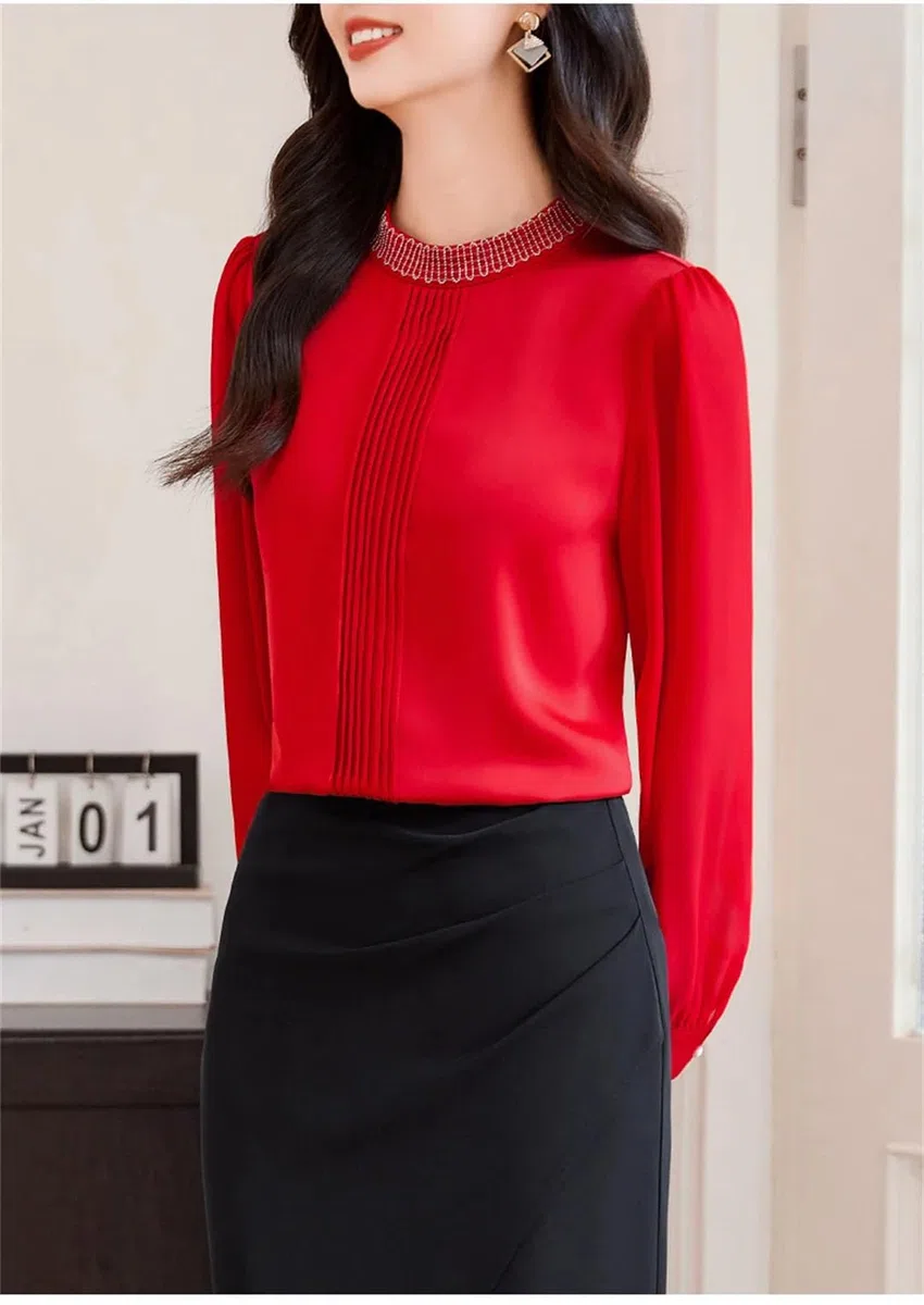 Blusa de manga larga para mujer, cuello alto, plisada, para oficina, para viajeros