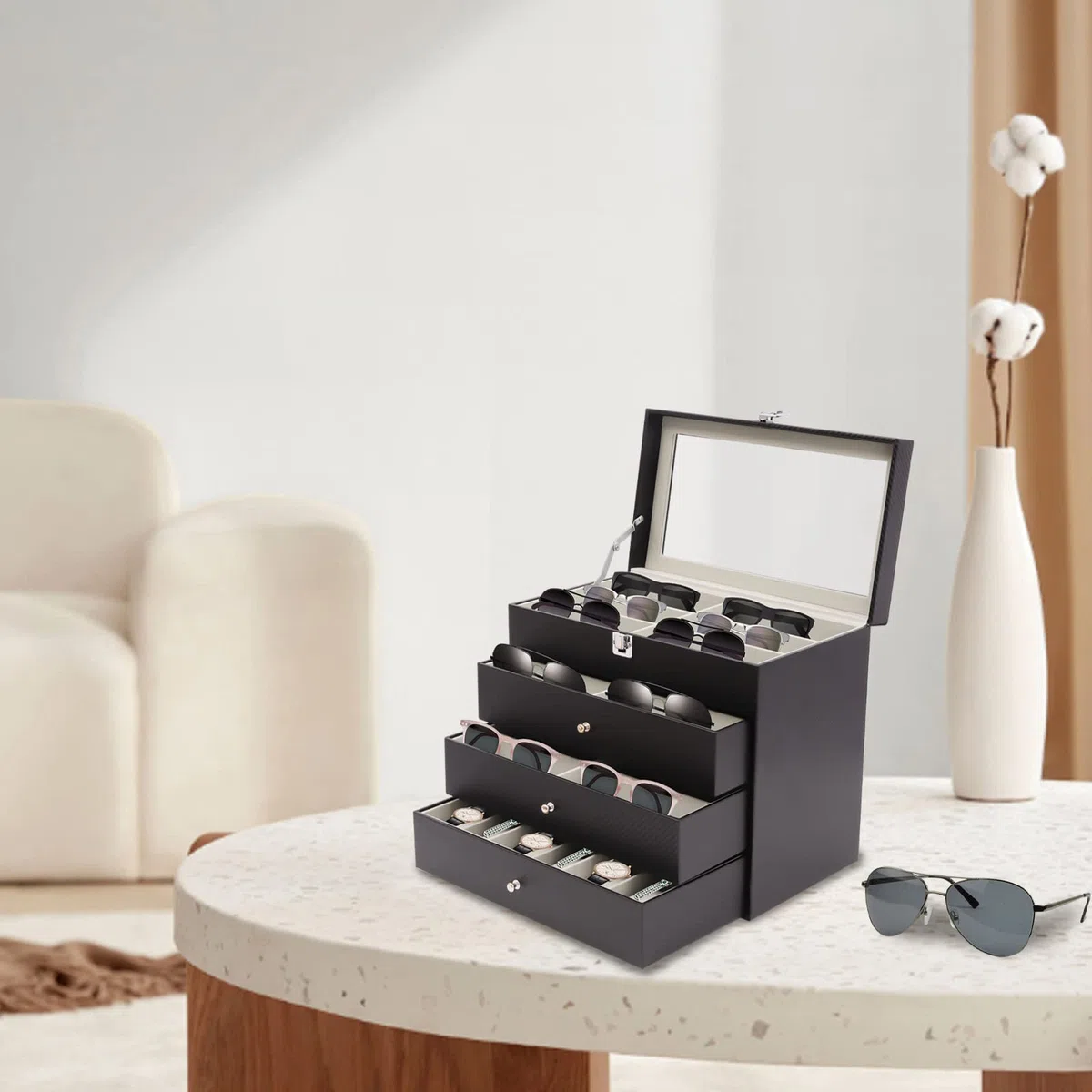 Caja para gafas, caja de joyas, caja de relojes, organizador, vitrina, terciopelo, 4 niveles, tapa de cristal de 33,5 cm, tapa de cristal para gafas de sol, reloj, anillo, pulsera, cómoda