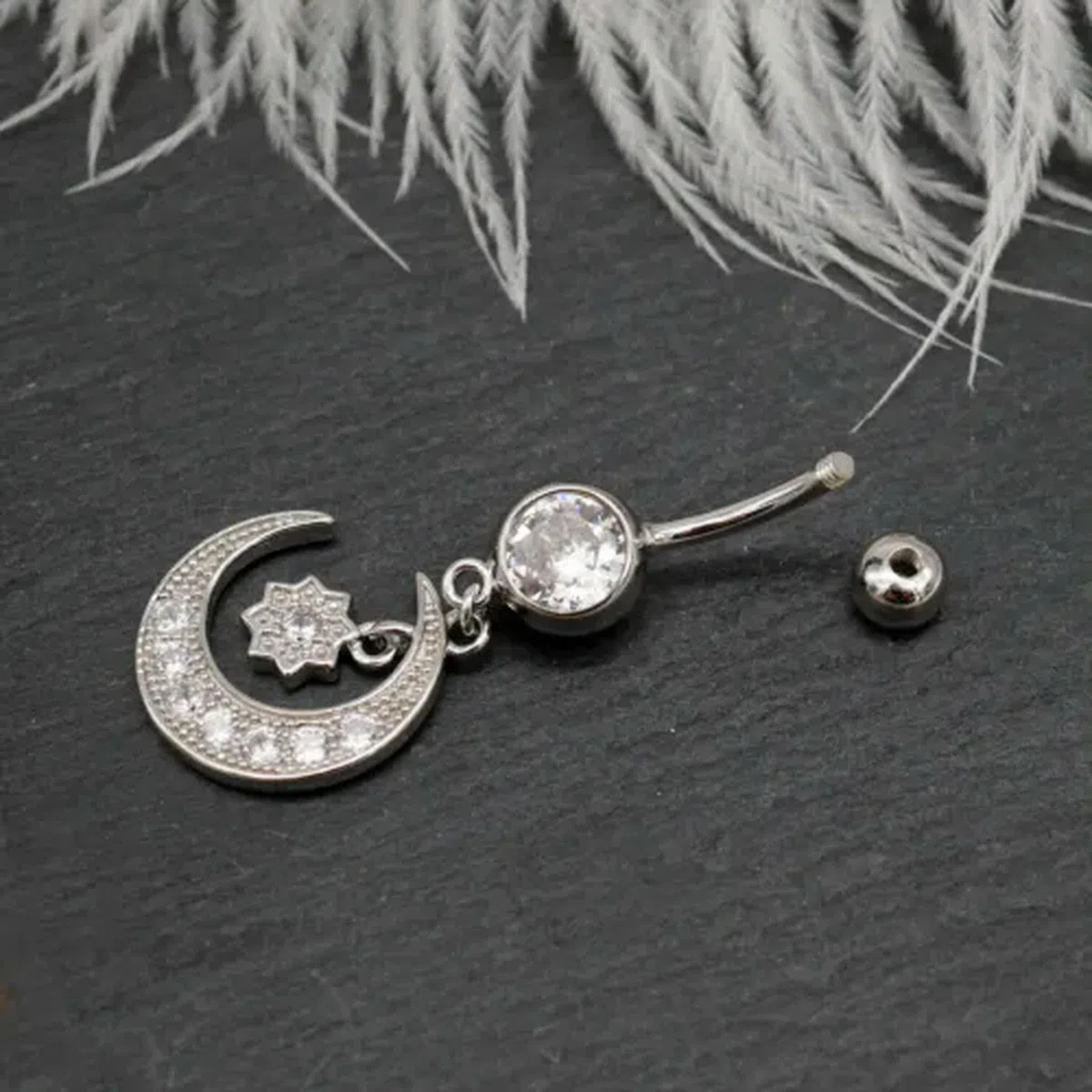 Piercing para Ombligo con Barra de Plata de Ley 925 y Cristales de Luna A4401-6 mm
