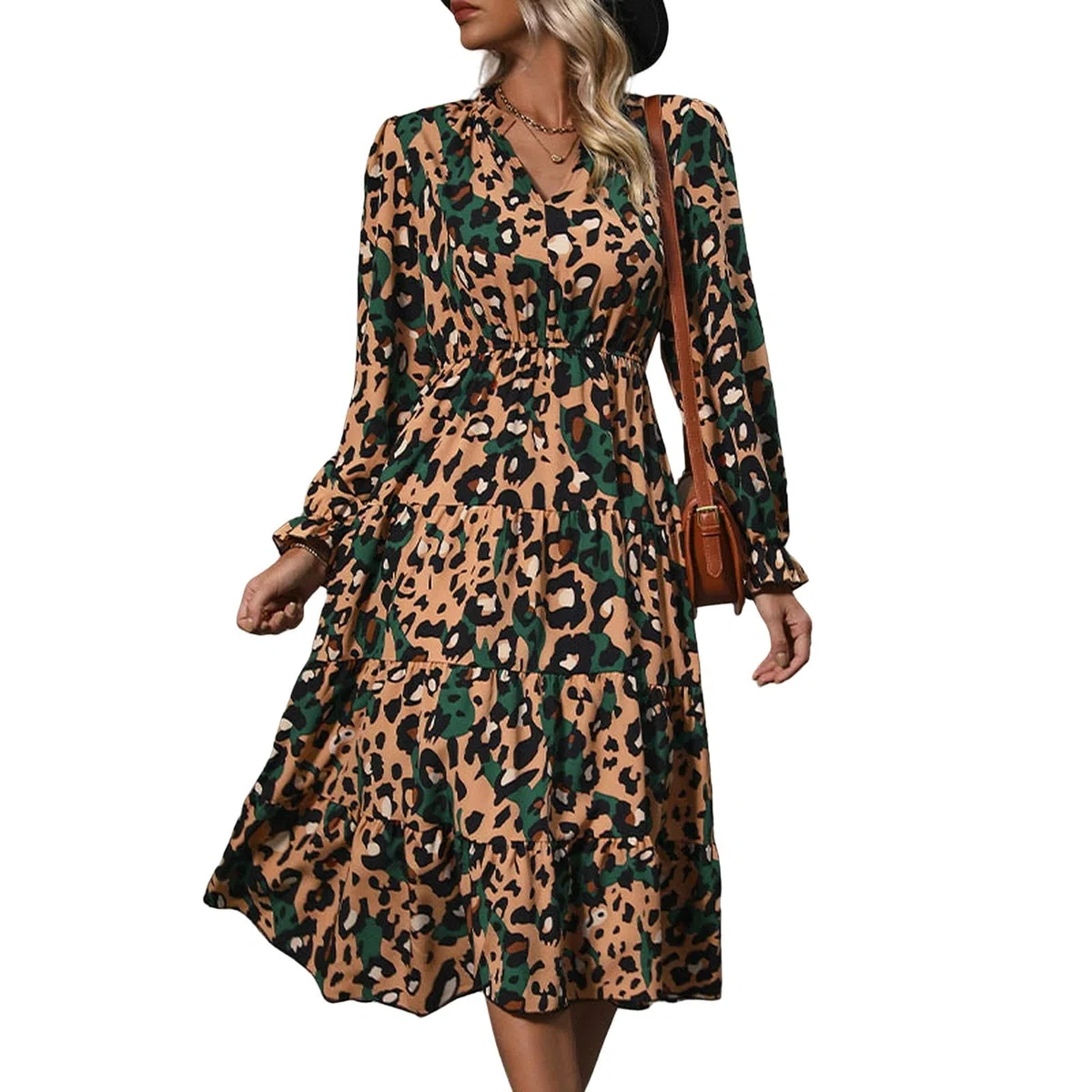 Vestido largo para mujer, cuello en V, estampado de leopardo, ribete con volantes, mangas largas campesinas, vestido casual acampanado, YYEFNMAZ