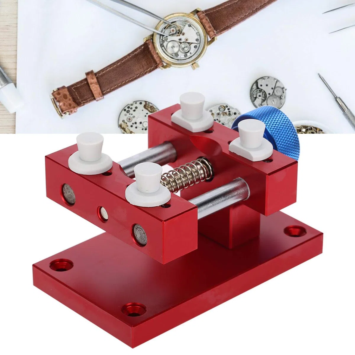 Soporte de caja de reloj ajustable y herramienta de extracción de correa para reparaciones de relojeros, kit de barra de resorte, carcasa trasera abierta, fácil mantenimiento