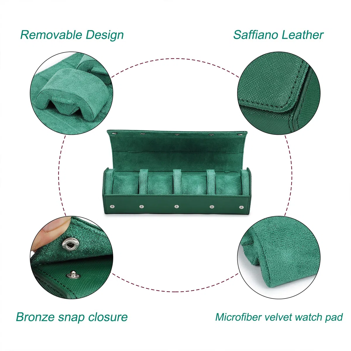Hiram Estuche enrollable para relojes hexagonales, en auténtica piel, para 4 relojes, estuche de viaje para relojes, organizador protector para relojes de pulsera