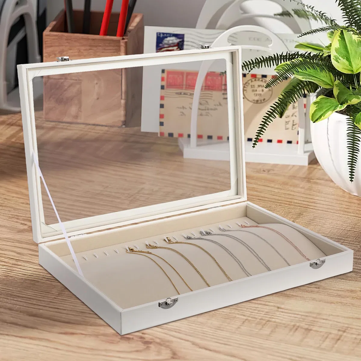 Garneck Joyero Organizador para Collares de Madera Tapa Transparente Caja Cajón y Cierre Seguro Bandeja Expositora Portátil para Collares Adecuado para Viaje y Almacenamiento