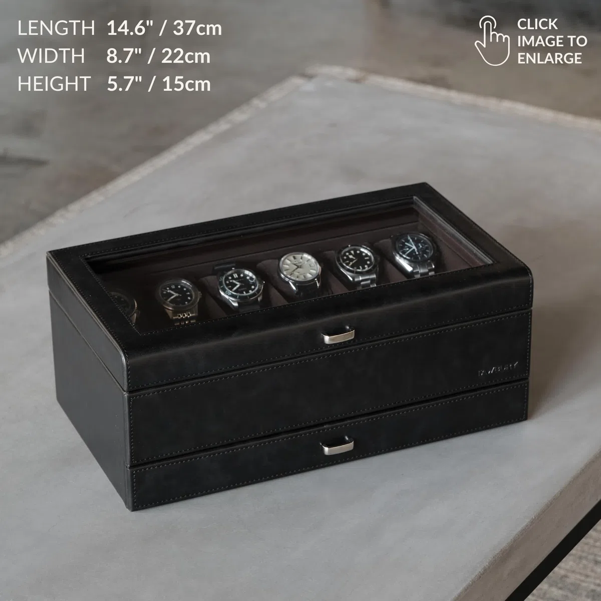 TAWBURY Caja de reloj de 12 ranuras con cajón de almacenamiento, caja de reloj de piel sintética negra de alta calidad para hombre, fácil apertura con una sola mano, interior de terciopelo de felpa