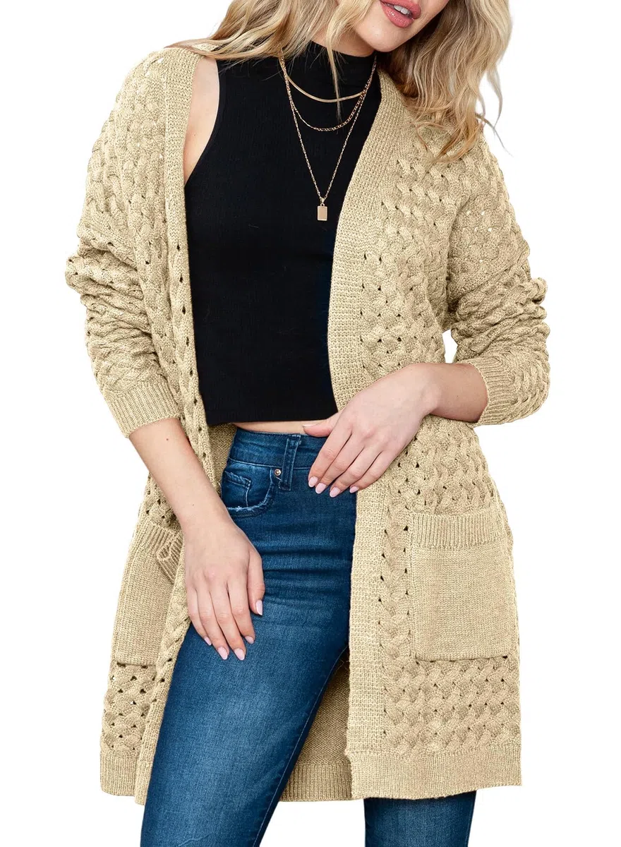 Chaqueta larga de punto para mujer, chaqueta de punto frontal abierta, abrigo con bolsillos, ropa exterior holgada informal para uso diario, beige, L