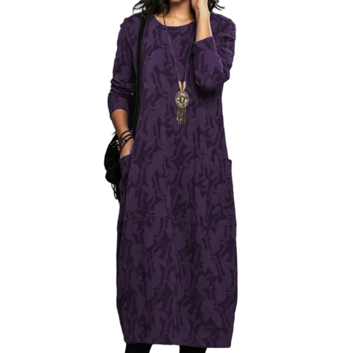 Vestido midi floral de manga larga con cuello redondo, para primavera y otoño, vestido suelto a media pantorrilla con bolsillos laterales, elegante atuendo con estampado floral para mujer, uso diario