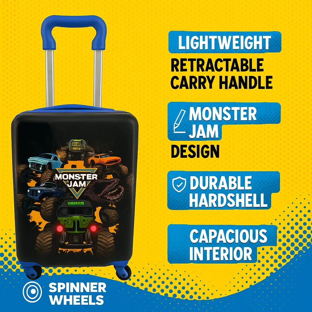 Disney Charcter - Maleta rígida de 20 pulgadas para niños y niñas, bonita y duradera maleta rígida para viajes con ruedas giratorias de 20 x 12 x 8 pulgadas, Monster Jam 50.8 cm, Hard Luggage