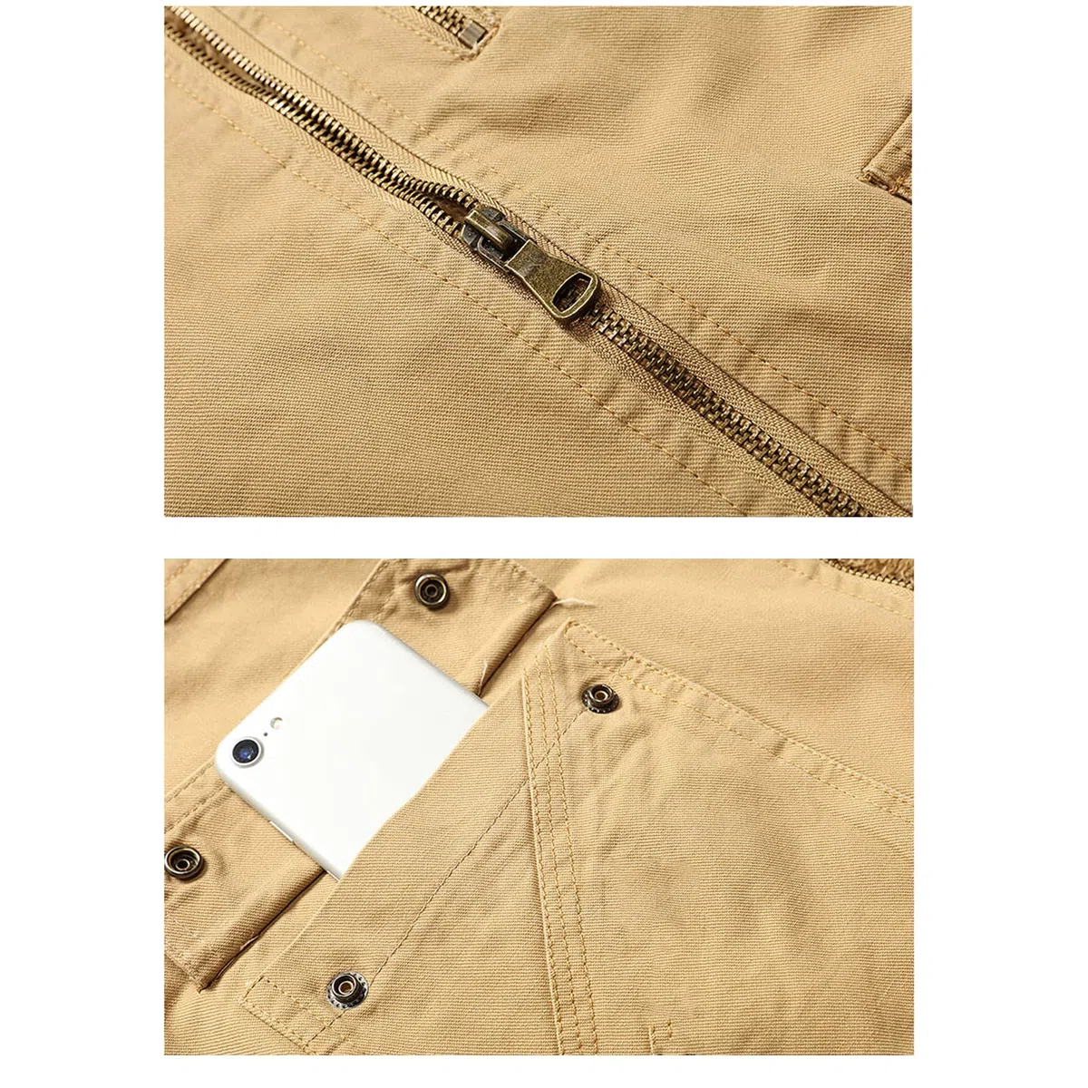 Hombre de algodón Fleece Grueso Gilet Chaleco Outwear Outwear Outdoor Casual Zip Up Pesca Chaleco cálido Hombre Chaqueta Multi Pocket Capa de Carga Light Khaki-XXL