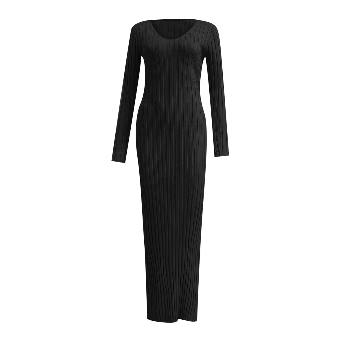 Elegante vestido largo de punto con cuello alto, estructura acanalada, diseño entallado, adelgazante, casual, con ajuste en la cintura